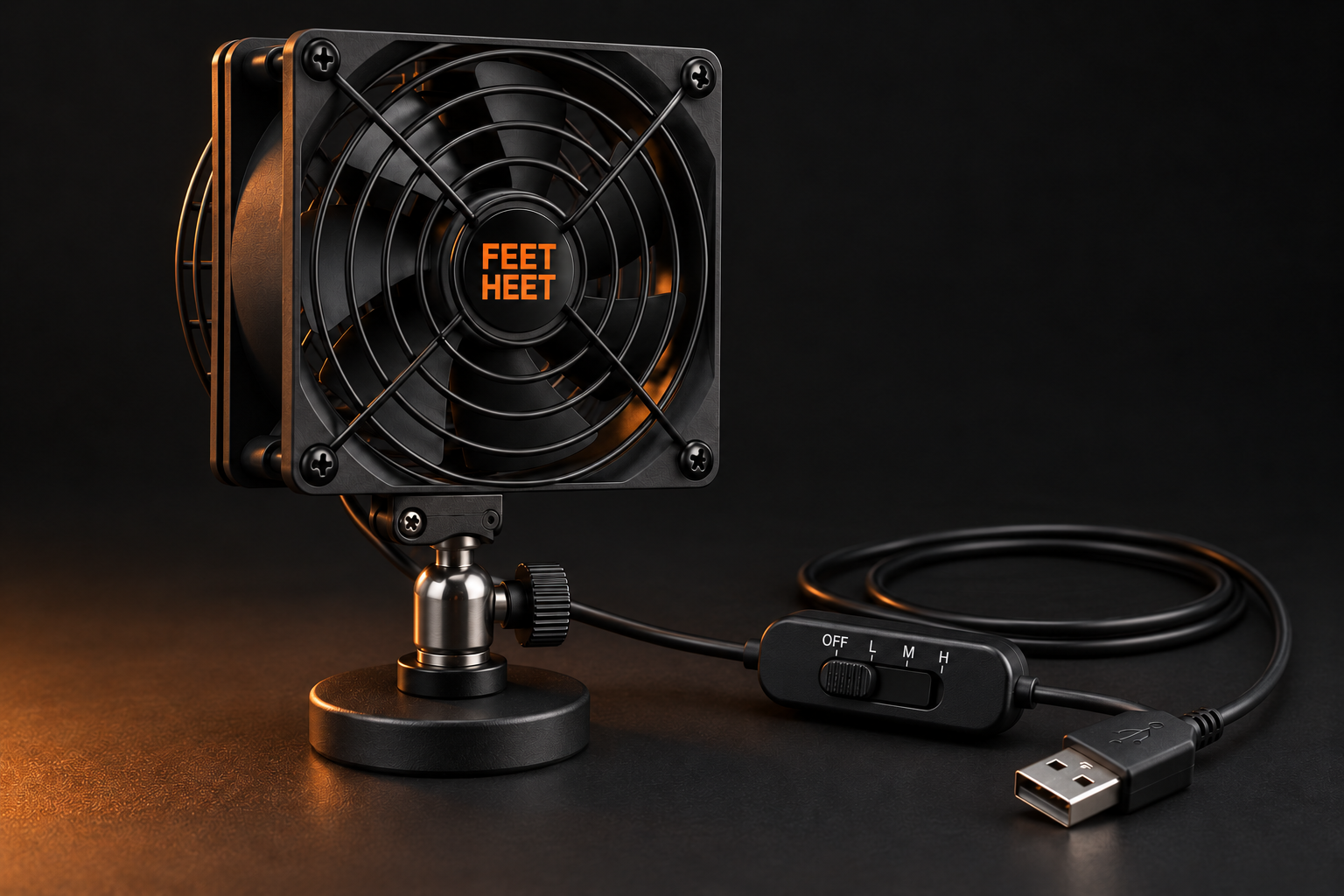 Concept rendering of a small black guarded fan, adjustable joint, magnetic foot, speed controller, and USB-A cable in two low loops.